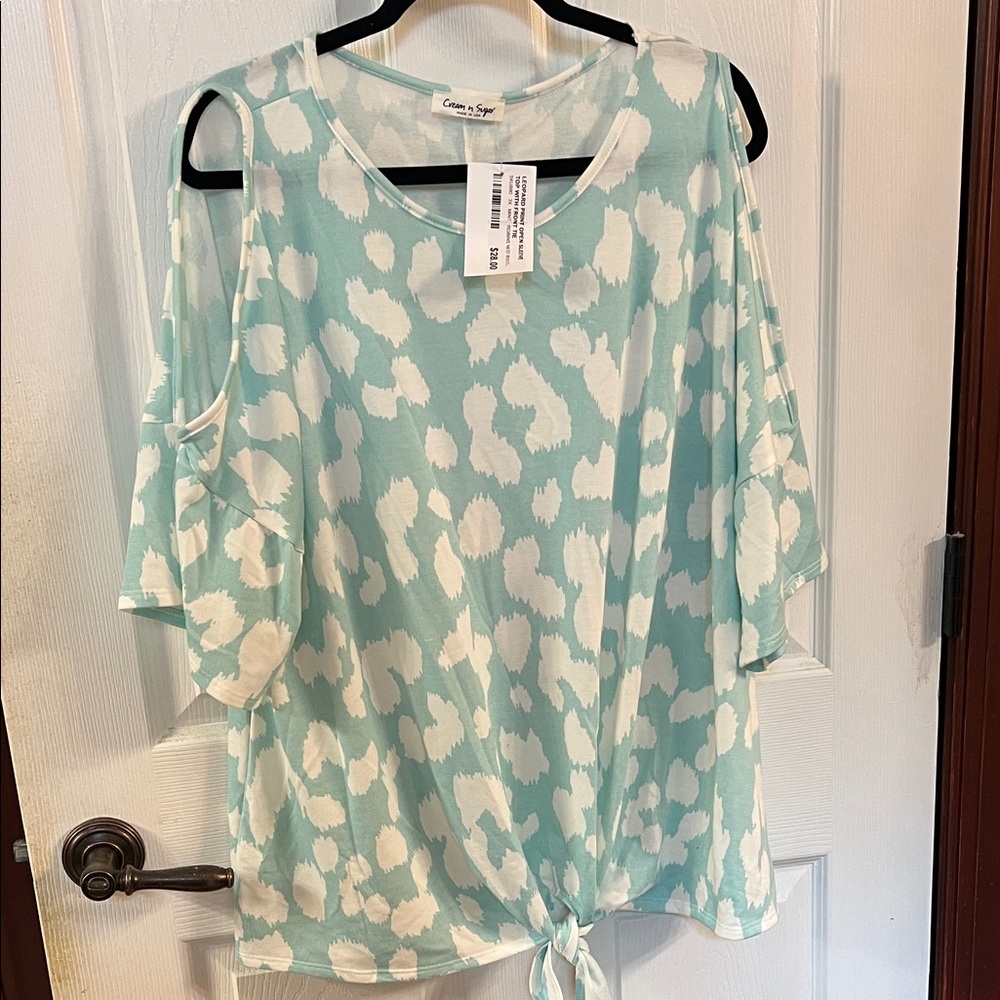 Leopard Mint and White Cold Shoulder Blouse